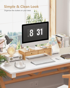 Support d'écran multifonctionnel en bambou durable, organiseur de bureau, rehausseur d'ordinateur portable avec deux tiroirs, finition laquée NC - Product Image 4