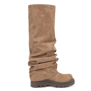 Bottes hautes à semelle épaisse en daim, bout carré, fermeture éclair arrière, style pantalon plissé, 2 façons de porter, bottines superposées au-dessus du genou pour femme - Product Image 5