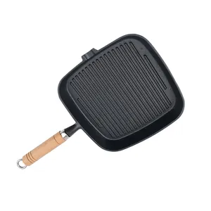 Bright Houseware Non stick Steak Cast Iron Fry Pan Light Weight Frying Pan Pre-Seasoned Cast Iron Grill Pan With Wooden Handle