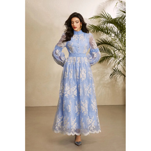 Vestido Largo de Encaje Floral de Alta Calidad para Mujer, Estilo Boutique, con Mangas Abullonadas y Cintura de Encaje, Ideal para Invitadas de Boda, Estilo Francés - Product Image 2
