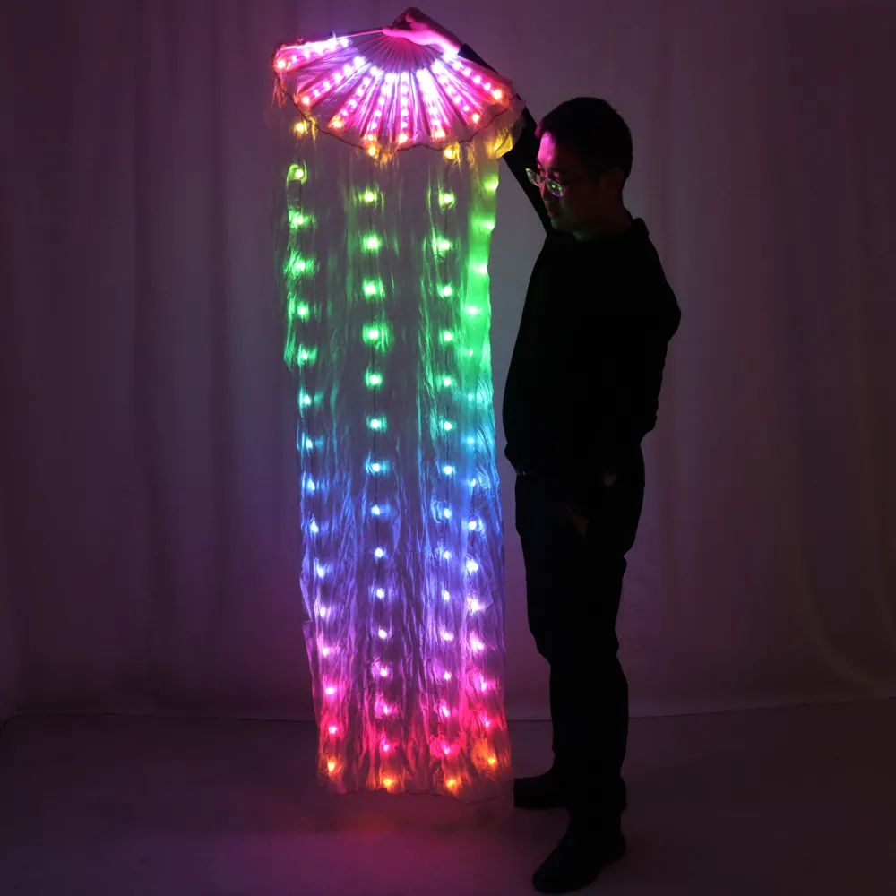 LED Full-Color Shiny Rainbow Silk Fan Veil Performance Accessory for Stage and Party Belly Dance Light Fans