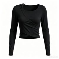 Haut de yoga 2-en-1 premium pour femme à manches longues, col rond, taille croisée sculptante, t-shirt de Pilates mat respirant extensible dans les quatre sens