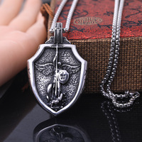 Collier pendentif unisexe en acier inoxydable plaqué argent, motif ange guerrier ailé et bouclier, serti griffe, Saint Michel Archange, chapelet