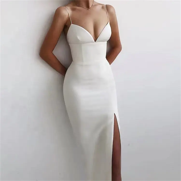 Женское длинное платье с лямкой на шее, элегантное белое вечернее платье с разрезом и высоким разрезом на бретелях-спагетти, платье для ночного клуба, 2023