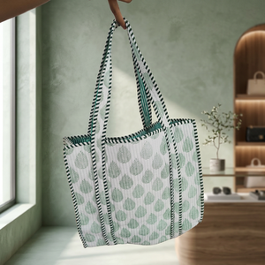 Sac fourre-tout en tissu de coton bohème à imprimé floral vert, style preppy, fermeture ouverte, pour l'été, l'hiver et le printemps - Product Image 4
