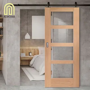 Alucasa现代家居室内镜像三个谷仓门设计浴室三重悬挂平齐木质玻璃贴面门