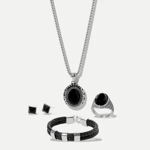 Perhiasan Hip Hop anting-anting batu Onyx hitam baja tahan karat cincin kalung Set perhiasan gelang kulit nama terukir untuk pria