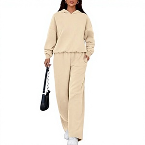 Conjunto de Sudadera con Capucha de 2 Piezas para Mujer, Color Sólido, Corte Holgado, Informal, Pantalones de Manga Larga, 100% Algodón, Felpa, Transpirable, Invierno - Product Image 1