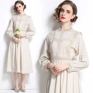 New Arrival Fashion Elegant Long Sleeve Beige Lace Up Dress Women