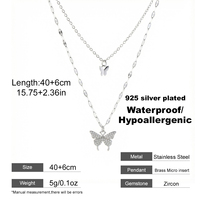 Collier en acier inoxydable plaqué argent 925, style français, pendentif papillon double couche, zircone étincelante, chaîne fine