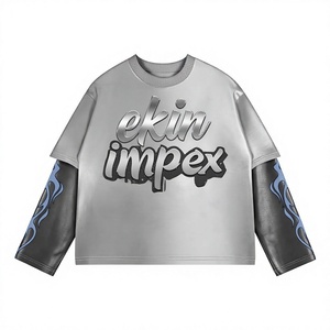 2027 Trendy Oversized Metallic Letter Print Long Sleeve T-<b>Shirt</b> Men Streetwear Hip Hop <b>Flame</b> Patchwork Baggy Fit Tee - Product Image 1