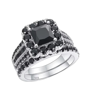 Luxury 925 Sterling <b>Silver</b> Rhodium Black Spinel Cubic Zirconia Halo Princess Cut Bridal Wedding <b>Ring</b> <b>Set</b> for Women - Product Image 1