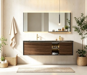 Mueble de <span class=keywords><strong>Baño</strong></span> de Aluminio Estilo Japandi con Espejo Inteligente, Moderno y Minimalista, Unidad de <span class=keywords><strong>Lavabo</strong></span> Montada en la Pared para Baños de Villas - Product Image 1