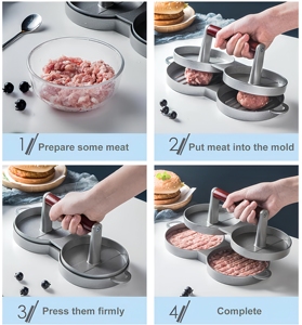 Presse à hamburgers 2-en-1 en aluminium antiadhésif à double plateau avec poignée en bois, outil de barbecue pour la <span class=keywords><strong>maison</strong></span> et la cuisine, pour hamburgers et galettes de <span class=keywords><strong>steak</strong></span> - Product Image 3