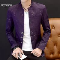 Blazer sin Cuello para Hombre ODM, Tejido Jacquard con Hilo Metálico Dorado, Azul Cobalto, Sin Solapas, Hombros Estructurados, Estilo Casual Elegante