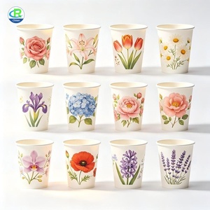 Vasos <span class=keywords><strong>de</strong></span> papel desechables con revestimiento a base <span class=keywords><strong>de</strong></span> agua, sin plástico, con logo personalizado impreso, diseño floral, venta al por mayor, ecológicos, para bebidas calientes. - Product Image 2