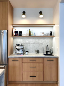Modern Oak Wood Veneer Modular <strong>Kitchen</strong> <strong>Cabinets</strong> Set with Sink Hardware Faucet Hinge Quartz Countertop for Hospital Apartment Use - Product Image 1