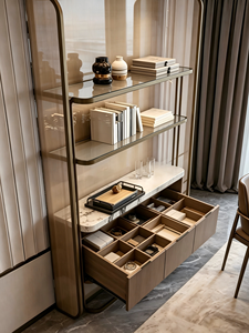 Mueble Bar Moderno Independiente con Encimera de Mármol, Puertas de Madera y Estructura de Acero Inoxidable - Product Image 6