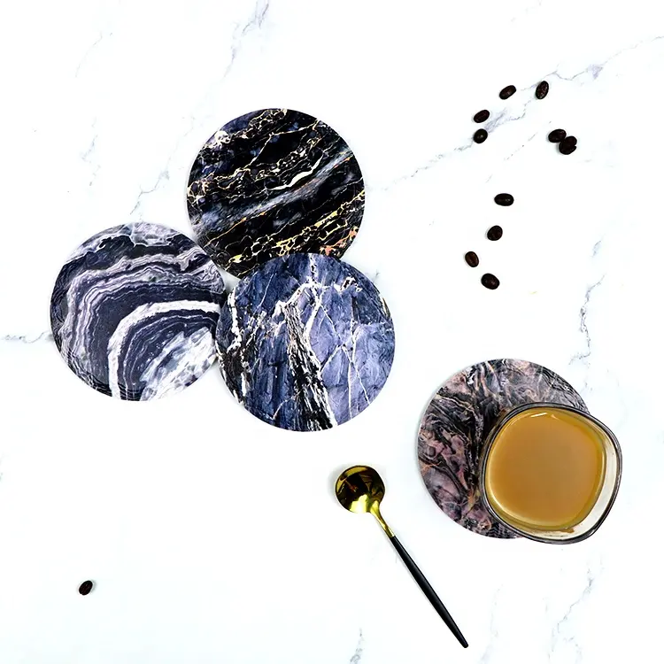Kenar kahve çaylı içecek masa masa seramik fincan bardak kupası paspaslar ve parçaları mantar ile OEM mutfak yuvarlak şekil mermer tarzı taş
