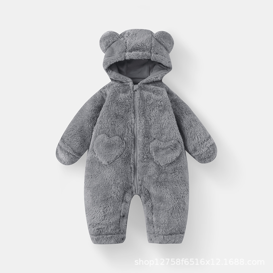 Gray-plush open-end zipper jumpsuit