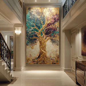 Dipinto a Olio Astratto 3D Albero Dorato Dipinto a Mano, Quadro Murale Colorato Albero della Prosperità per Soggiorno - Product Image 1