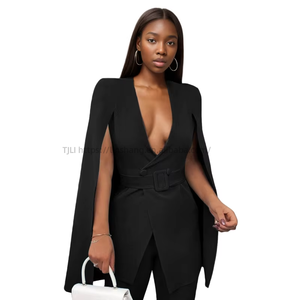 Costume et blazer pour femme, couleur unie, avec épaulettes, manches ouvertes, coupe longue ajustée, pour le bureau, mode - Product Image 2
