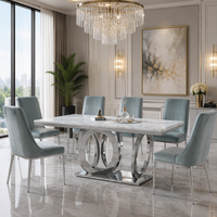 Table à manger moderne avec plateau en marbre et pieds circulaires en acier inoxydable brillant argenté pour mobilier de salle à manger contemporain