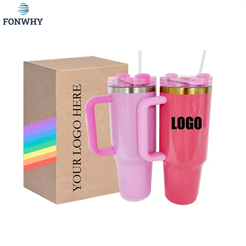 Logo personalizzato caldo di san valentino 40oz in acciaio inossidabile isolato sublimazione rosa Quencher tazza da viaggio tazze tazze con manico