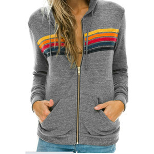 2025 kualitas tinggi musim gugur uniseks lengan panjang wanita berkerudung kaus kasual ritsleting 5 garis pelangi hoodie jaket mantel - Product Image 4