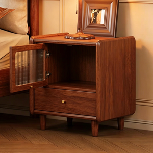 Premium <b>Walnut</b> Solid Wood Nightstand Mid-century Style Fluted Glass Door with <b>Drawer</b> Storage Bedroom Furniture Stable Short Legs - Product Image 5