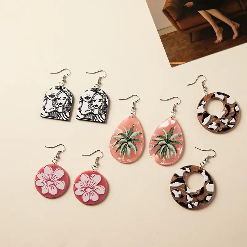 NUORO Retro Chinese Style Fashion Simple Hook Dangling Earrings Multiple Acrylic Resin Tree Flower Pendant Earrings