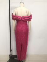 Robe de soirée de bal élégante pour femmes, faite à la main, scintillante, formelle, pour soirée, robe de soirée de luxe rose bonbon, épaules dénudées, paillettes, strass, sirène