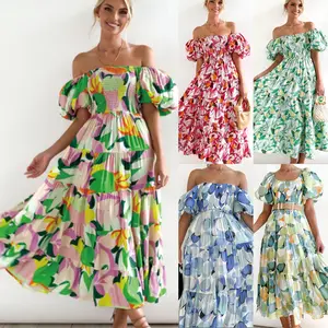 2024 New Women's Bohemian Printed One Shoulder Vacation Style Sexy Loose fitting Dress