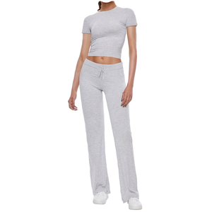 Conjunto Casual de 2 Piezas para Mujer, Top Corto de Manga Corta y Pantalones Largos con Cordón, Tejido Sólido - Product Image 1
