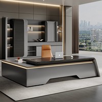 Escritorio Ejecutivo en Forma de L en Nogal Oscuro con Iluminación LED de Nivel Superior para Gerente General o Presidente, Muebles Modernos de Alta Gama y Lujo