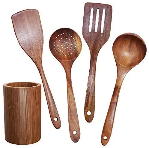 Utensílios de cozinha antiaderentes, conjunto de concha espátula colher de cozinha em madeira de teak grande