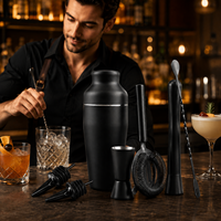 Ensemble de shaker à cocktails noir mat 7 pièces en acier inoxydable avec doseur, passoire, pilon, becs verseurs – Kit de barman professionnel