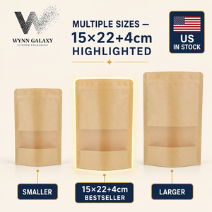 Muestra gratuita en stock en EE. UU. Bolsa pequeña de papel kraft con ventana y cierre hermético de 15*22*4cm (6*8.7*1.6in) para envasado de té, café, frutos secos y alimentos. - Product Image 6