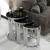 Meubles de salon en gros d'usine : Table basse moderne, table d'appoint en verre, table centrale en acier inoxydable (lot de 3) pour salon