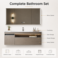 Kabinet Cermin LED Tiga Pintu Stainless Steel untuk Kamar Mandi dengan Jam Digital, Penghilang Embun, dan Finishing Kayu Oak, Dilengkapi Wastafel