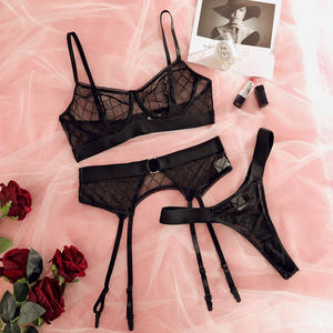 性感女式内衣4件套超薄透视格子网眼蕾丝内衣套装驱风睡衣 - Product Image 5