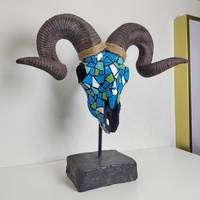 Statue de Tête de Bélier Moderne en Résine Mosaïque Turquoise Peinte à la Main, Ornement Crâne d'Animal Style Tribal pour Décoration de Table de Bureau ou de Maison