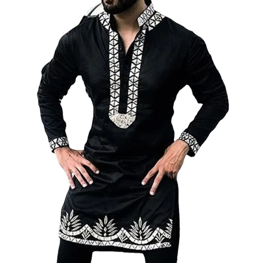 Sipo Moslim Shirt Mannen Kleding Folk Kaftan Musulman Kurta Indian Islamitische Kleding Nationale Gedrukt Lange Mouwen Shirts