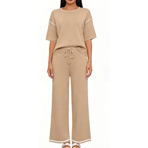 Women's 2-Piece <b>Knit</b> <b>Set</b> - Short Sleeve Contrast Trim Top & Drawstring Wide Leg Pants Outfit Womens Clothes <b>Sets</b> Fashion - Product Image 1