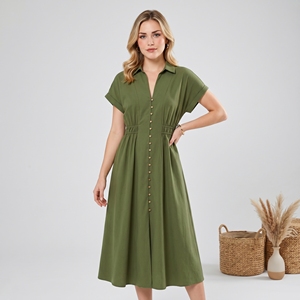 Vestido Camisero de Lino para Mujer, de Alta Calidad, Manga Corta, Largo Medio, Plisado, Cintura Elástica, Verano, Casual, Oficina - Product Image 1