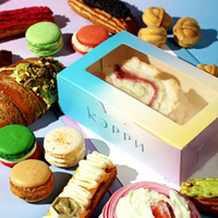 Boîte à pâtisserie pliable en papier, résistante à la graisse, avec impression personnalisée, montage simple et rapide, pour service de traiteur