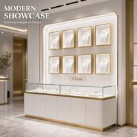 Vitrine de présentation de bijoux haut de gamme avec finition or brossé, vitrine murale blanche avec éclairage LED intégré pour magasin de bijoux