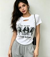 T-shirt court décontracté Y2K pour femme à col rond, découpe, ourlet incurvé, imprimé lettres, coupe ajustée, manches courtes