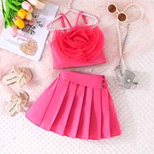 ชุดเสื้อผ้าลำลองฤดูร้อนสำหรับเด็กผู้หญิง อายุ 3-8 ปี เสื้อผ้าลูกไม้ปักลายระบายอากาศได้ดี ผลิตจากโพลีเอสเตอร์/ผ้าฝ้าย กระโปรงจีบ - Product Image 1