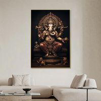 Grand Panoramique Ganesh Wall Art Hindou Verre Impression Décor Verre Trempé avec Base en Toile pour la Décoration de la Maison